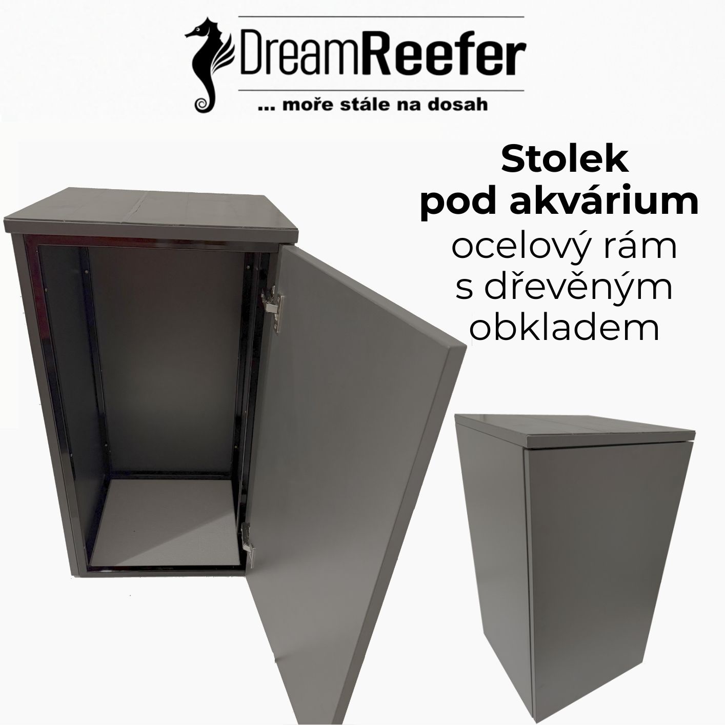 Stolek pod akvárium – ocelový rám s dřevěným obkladem